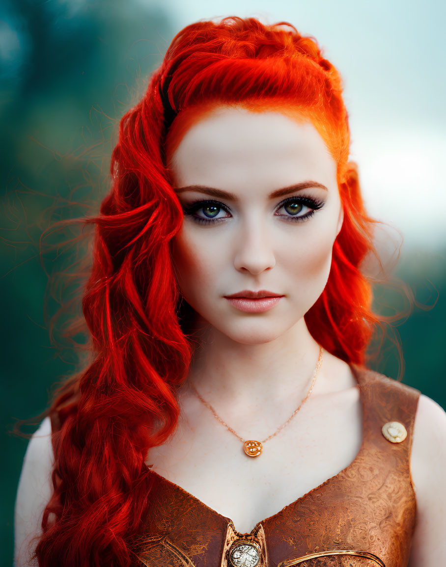 Portrait of a Woman with Red Hair and Blue Eyes in Gold Dress