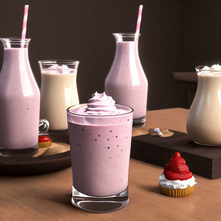 Creamy Strawberry Milkshake with Whipped Cream, Milkshake Bottles, and Yogurt Dessert