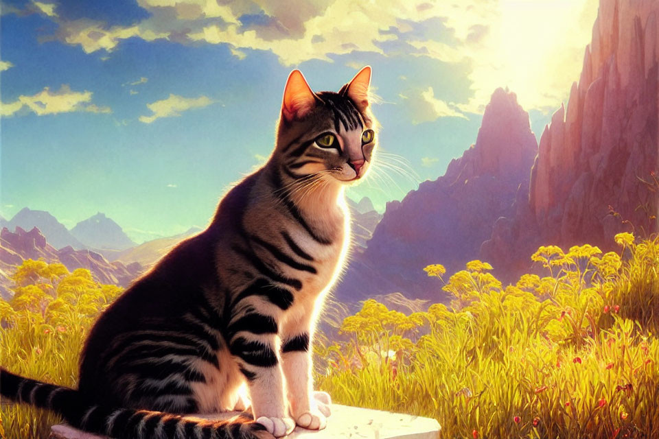 Striped Cat in Vibrant Field with Mountains and Blue Sky