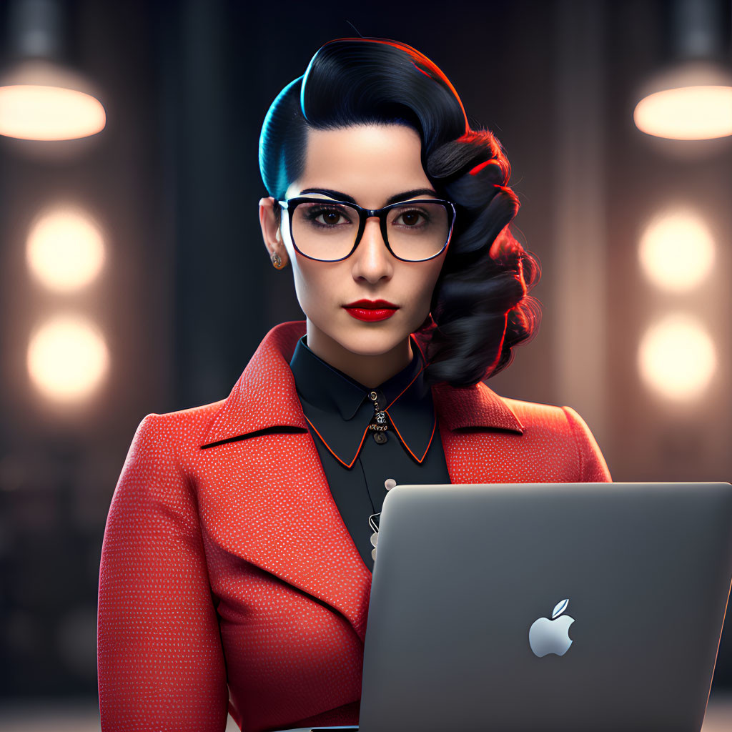 Stylized 3D Illustration of Woman in Vintage Attire Working on Laptop