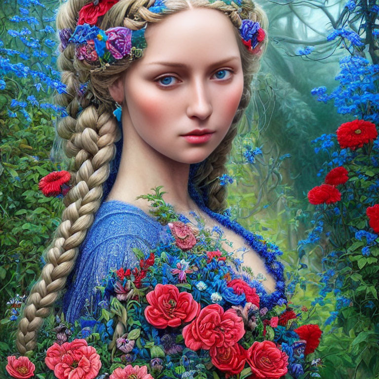 Female character in floral attire with braided hair in vibrant blue botanical setting