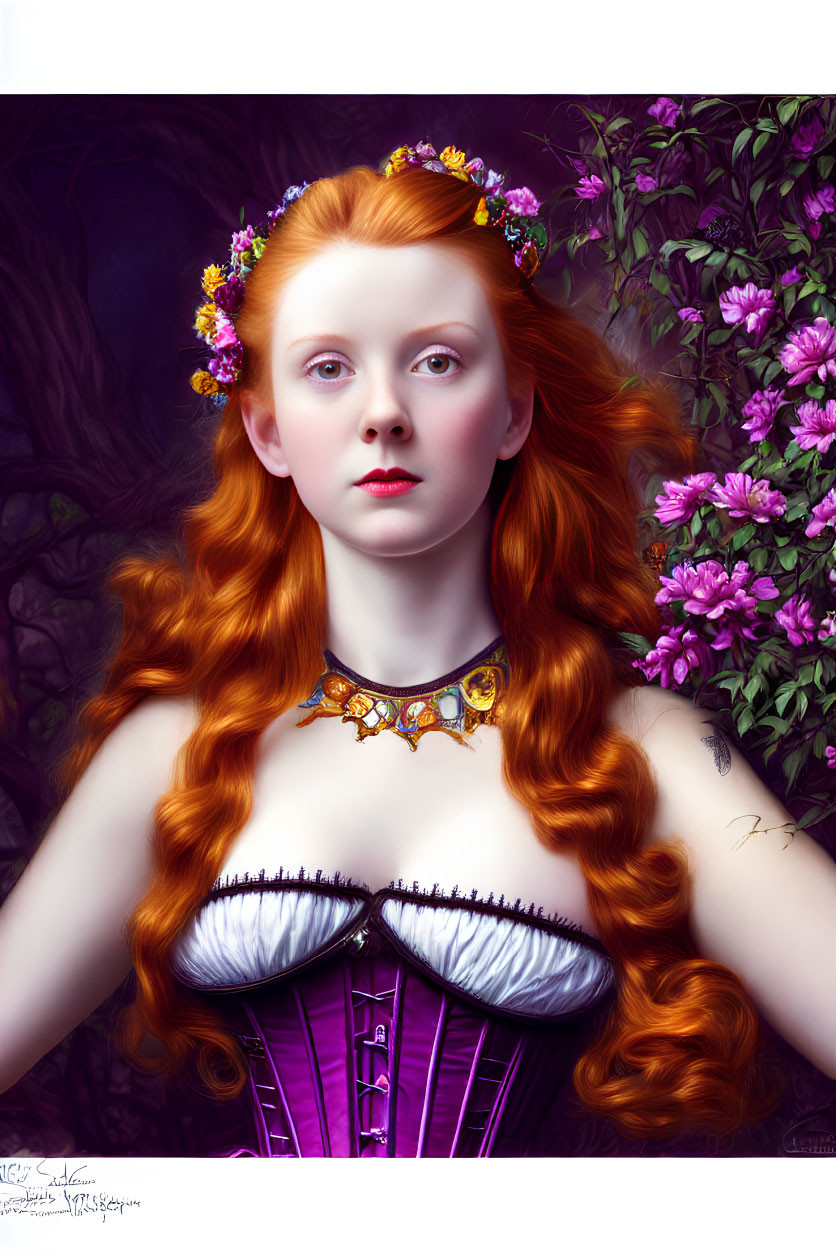 Digital portrait of a woman with long red hair, floral wreath, purple corset, and jew