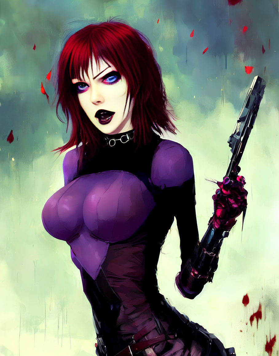 Red-haired woman in gothic makeup wields bloodied weapon in black bodysuit