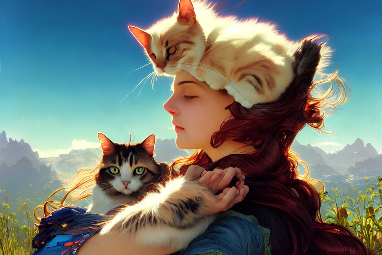 Red-haired woman in sunny field with two cats gazing away