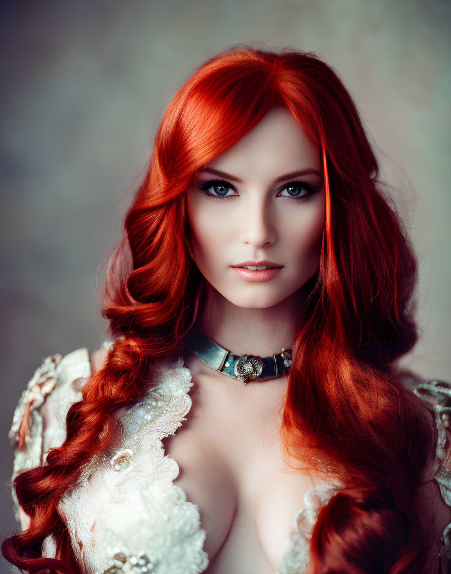 Vibrant red hair and green eyes on woman in white vintage dress