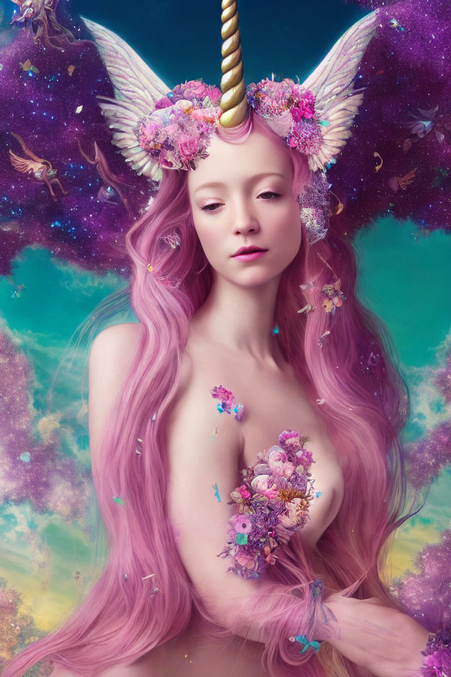 Woman with Unicorn Horn and Pink Hair in Celestial Setting