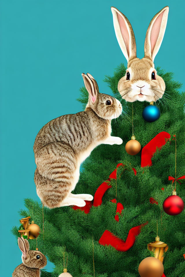 Whimsical rabbits with human-like ears near Christmas tree on teal background