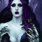 Pale Woman with Purple Hair and Dark Crown Holding Butterfly Among Dark Floral Motifs