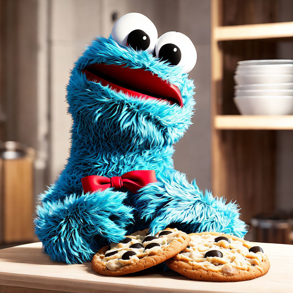 Blue furry puppet with googly eyes and cookies on table