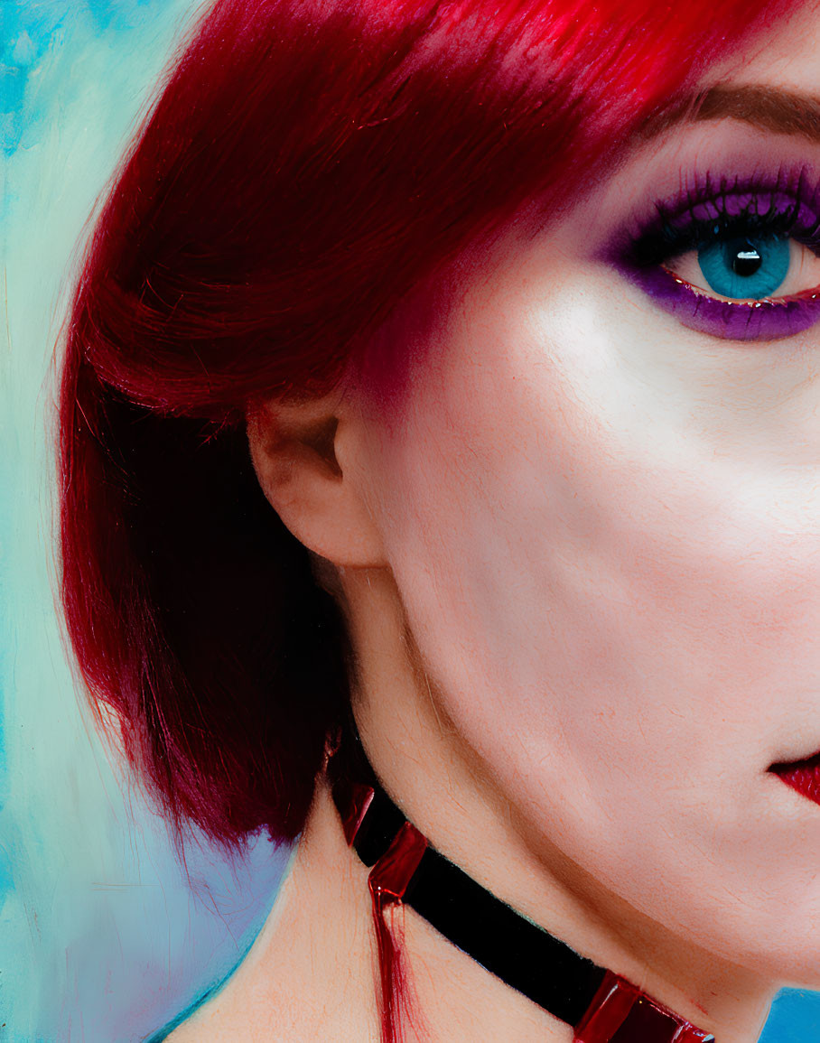 Close-up portrait of person with red hair, blue eyes, purple eyeshadow, and pale skin