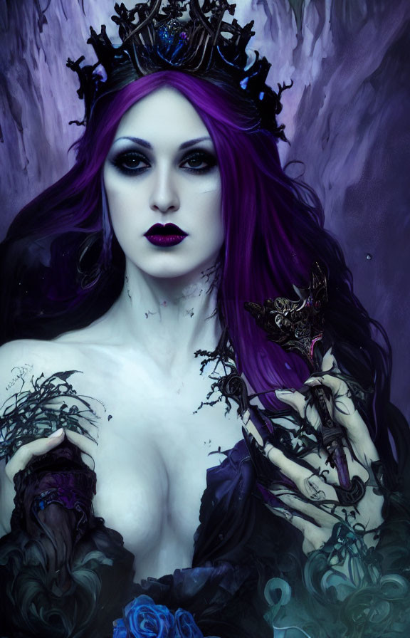 Pale Woman with Purple Hair and Dark Crown Holding Butterfly Among Dark Floral Motifs