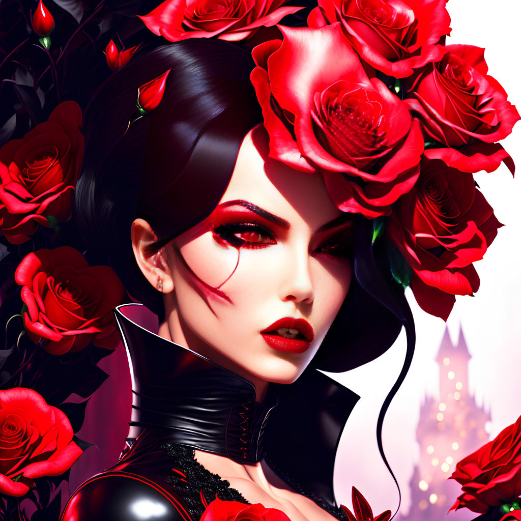 Digital artwork: Dark-haired woman with red makeup among red roses on white background with pink castle hint