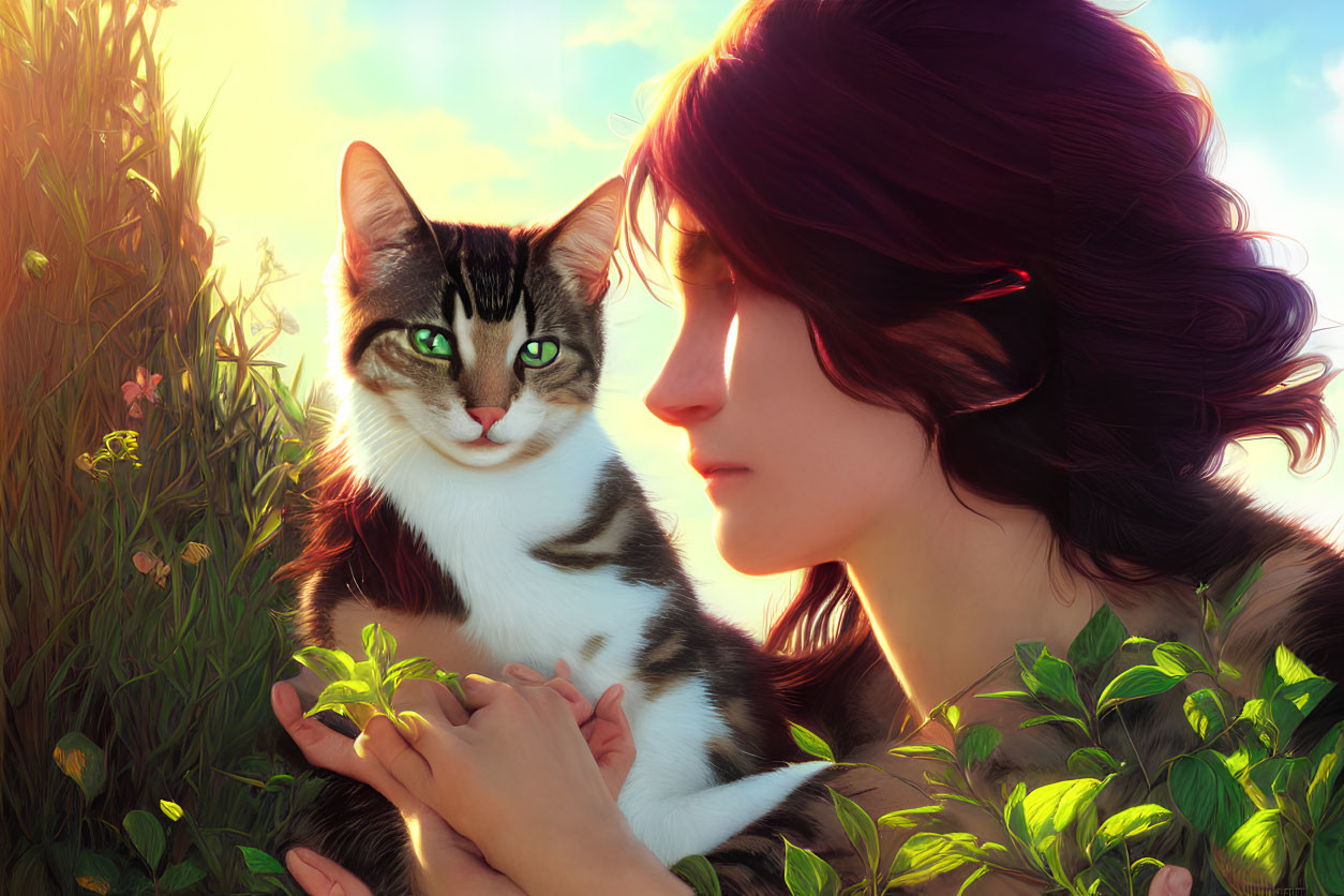 Dark-haired woman holding tabby cat in sunlit field