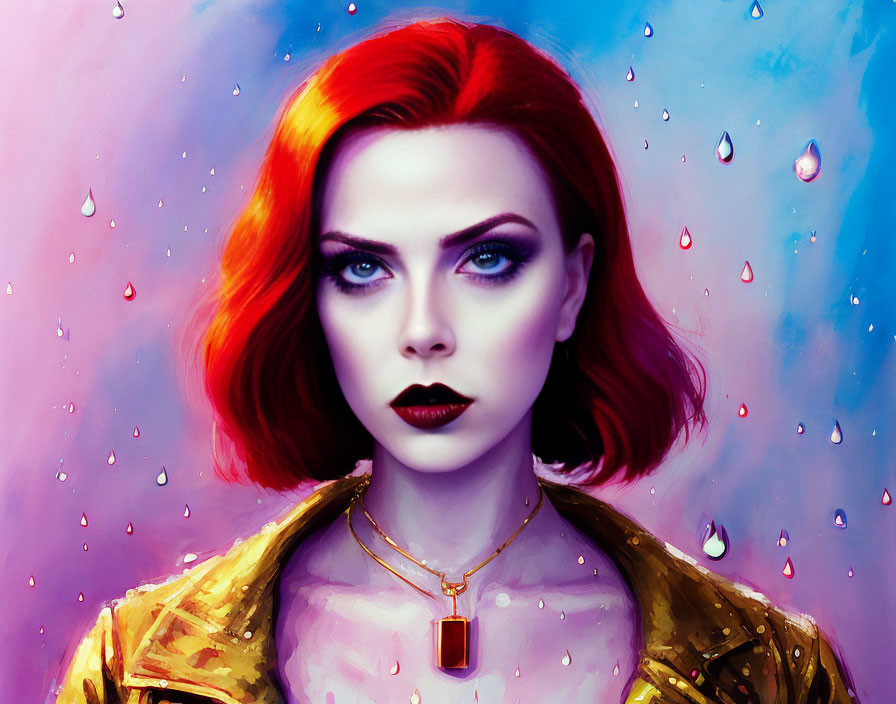 Portrait of Woman with Red Hair and Blue Eyes on Pink and Blue Background with Water Droplets