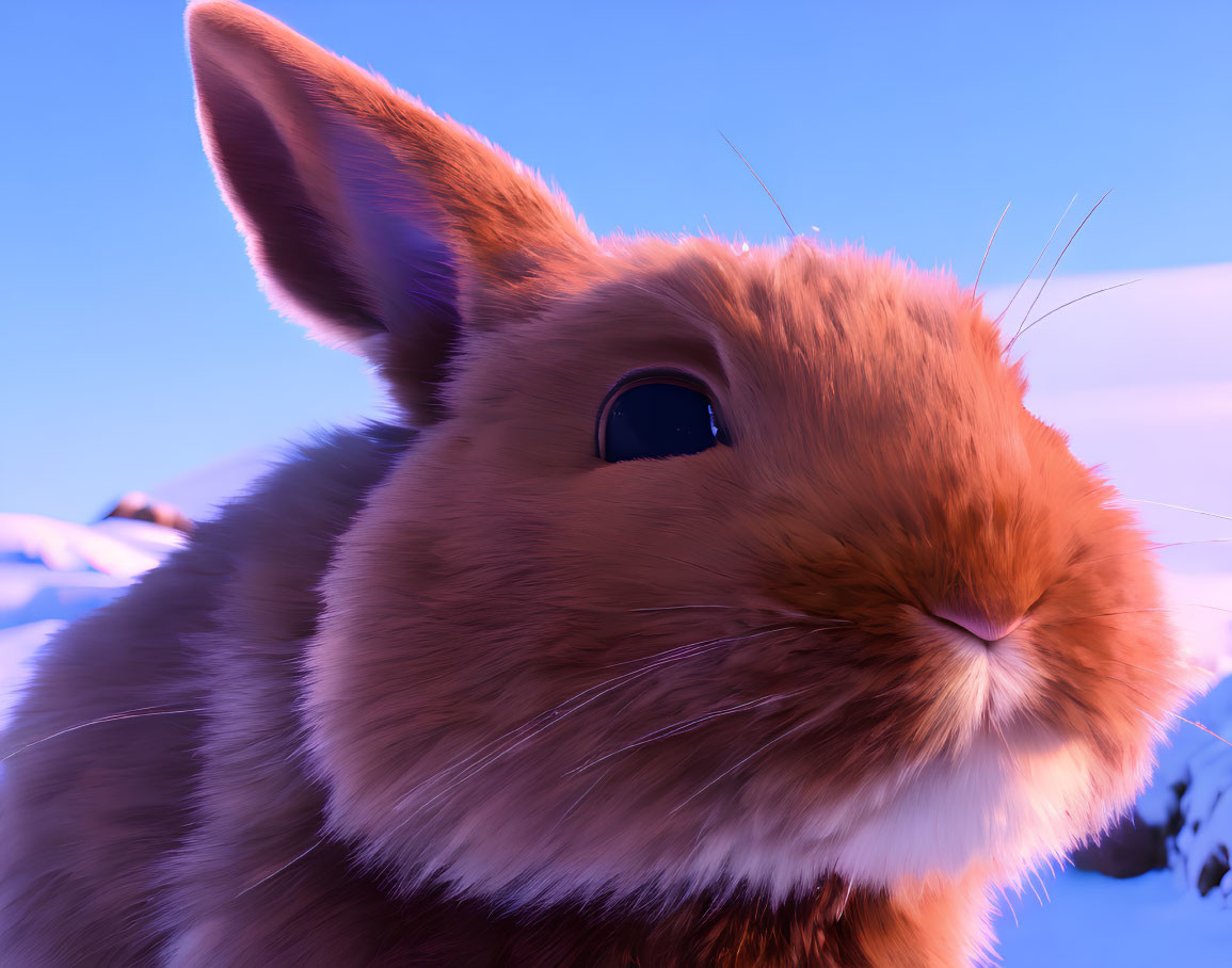 Brown rabbit head with large eyes and whiskers in snowy twilight scene