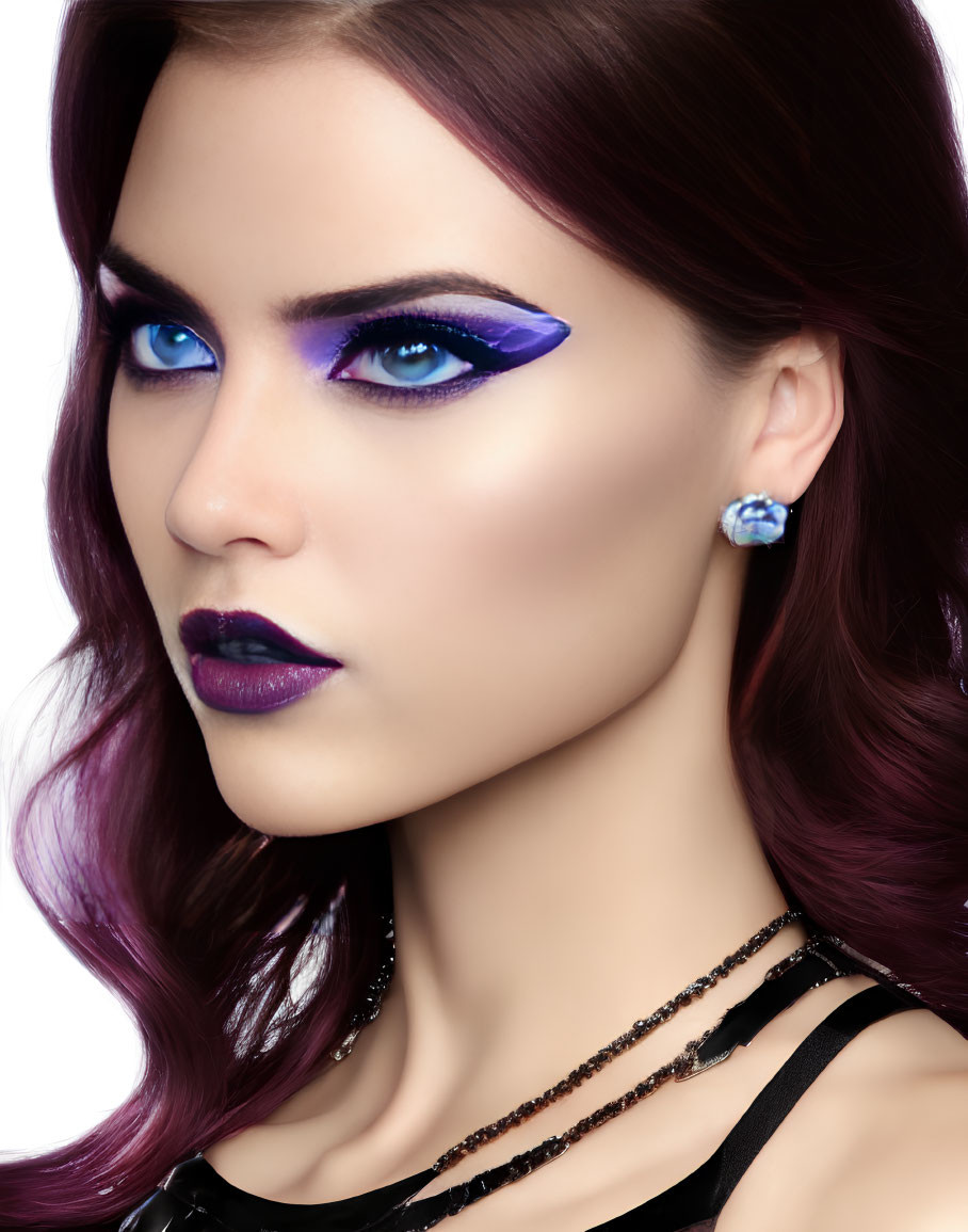 Woman with Blue Eyes, Purple Eye Makeup, Dark Lipstick, and Gemstone Earring