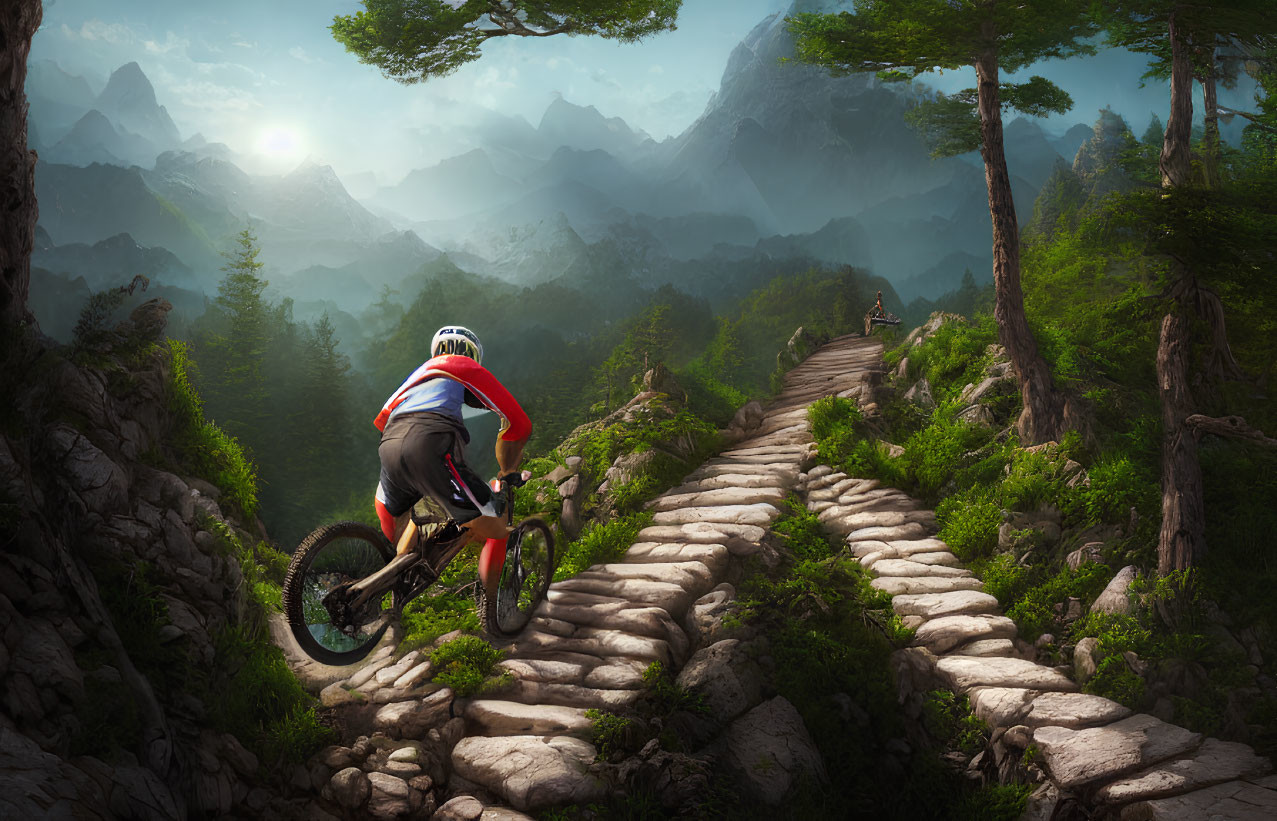 Mountain biker navigating rocky forest path with mountains in background