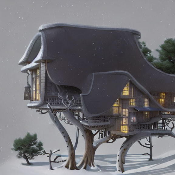 Snow-covered grand piano treehouse in serene winter landscape.