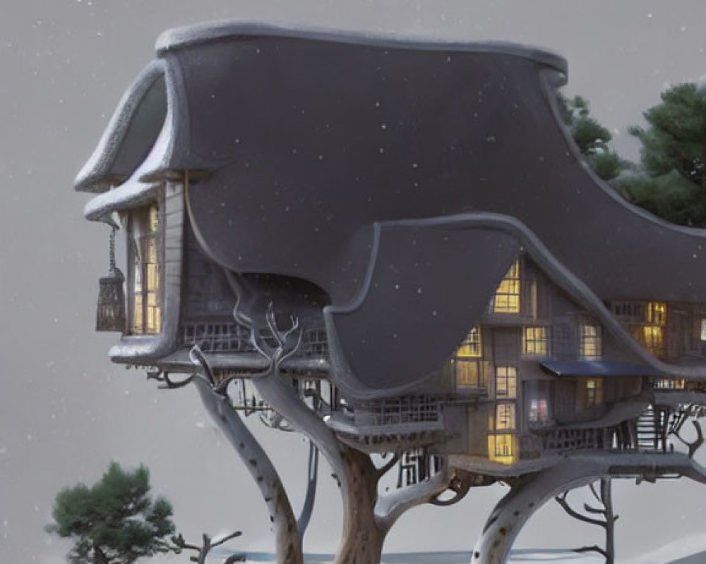 Snow-covered grand piano treehouse in serene winter landscape.