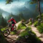 Mountain biker navigating rocky forest path with mountains in background