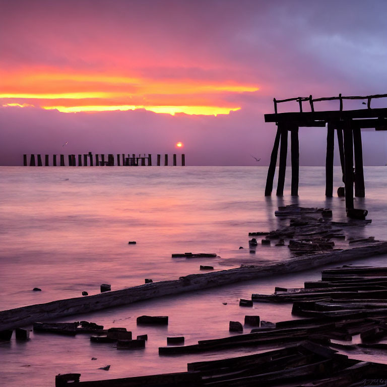 Tranquil sunset scene with wooden pier remnants and bird in vibrant sky