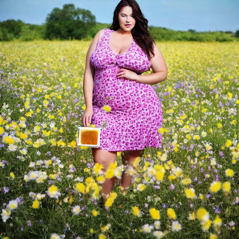 Woman in pink floral dress poses in vibrant wildflower field with picture frame