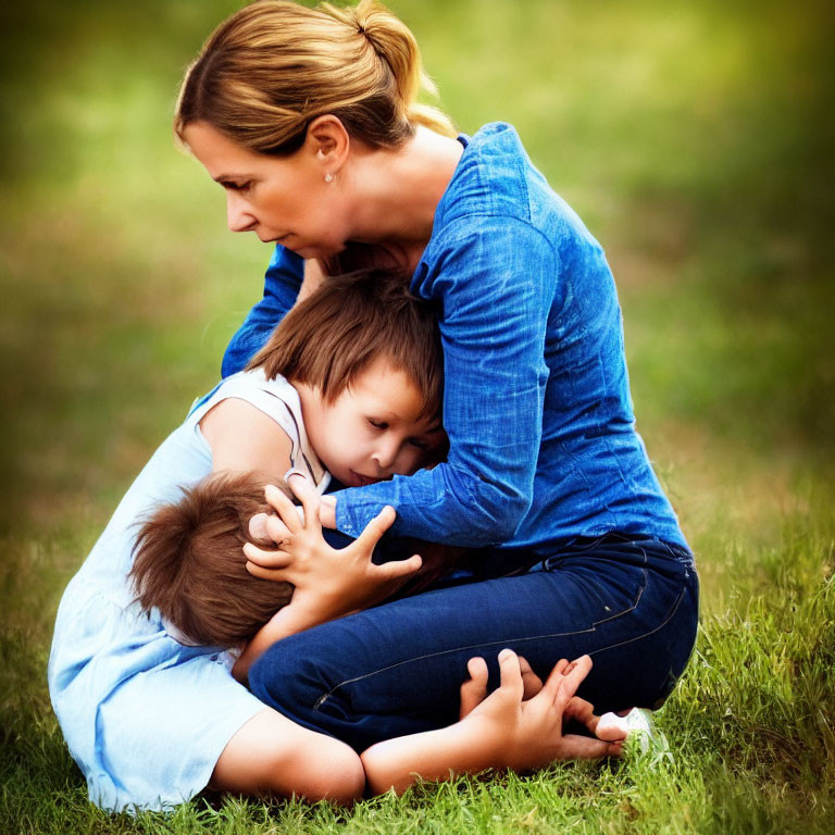 Woman in Blue Shirt Embracing Two Children on Grass