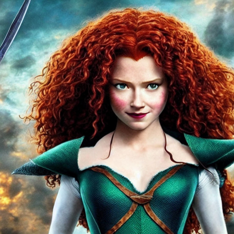 Curly Red-Haired Animated Character in Green Medieval Dress