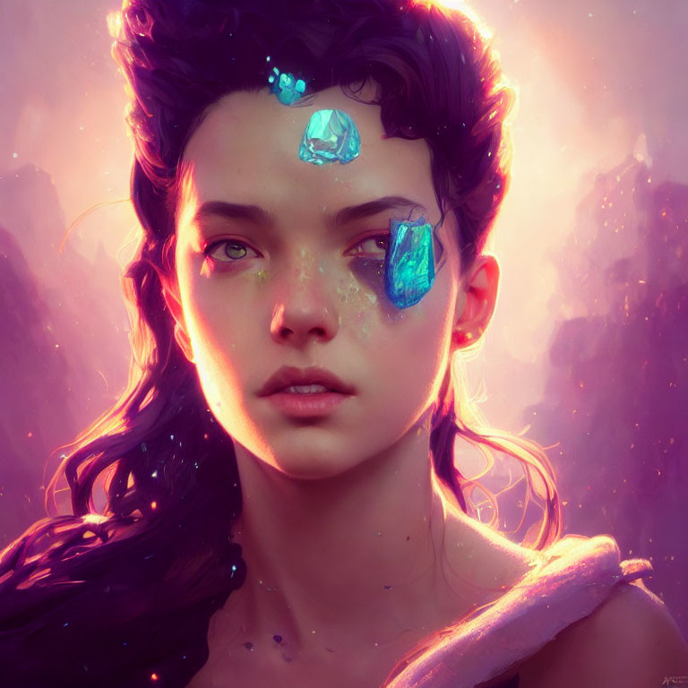 Digital artwork featuring young woman with ethereal crystals on glowing purple-pink backdrop