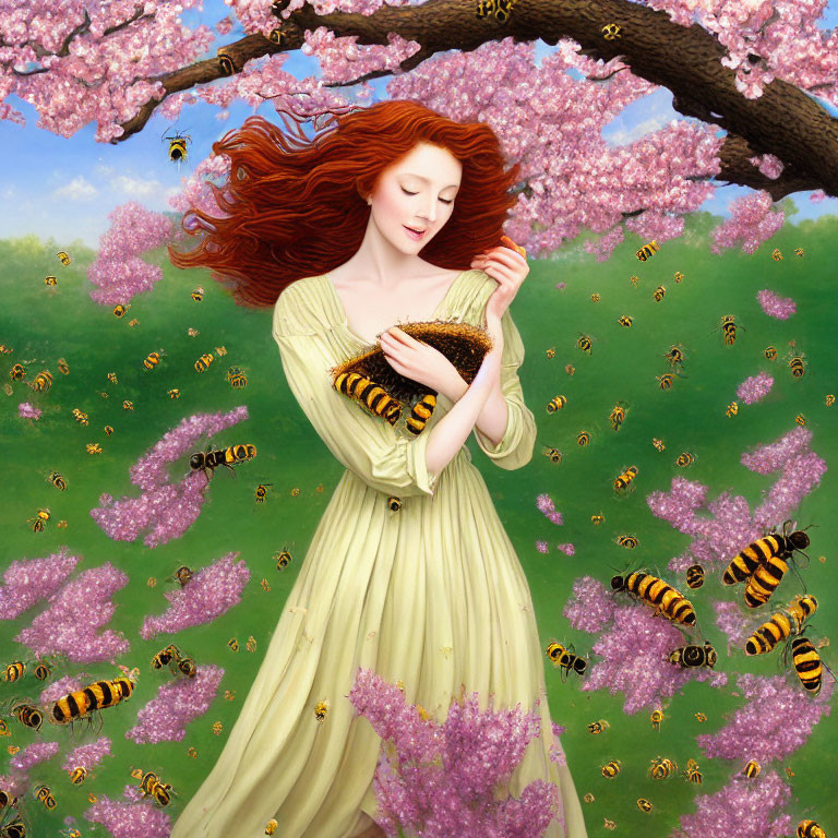 Red-haired woman in green dress with honeycomb among bees and cherry trees