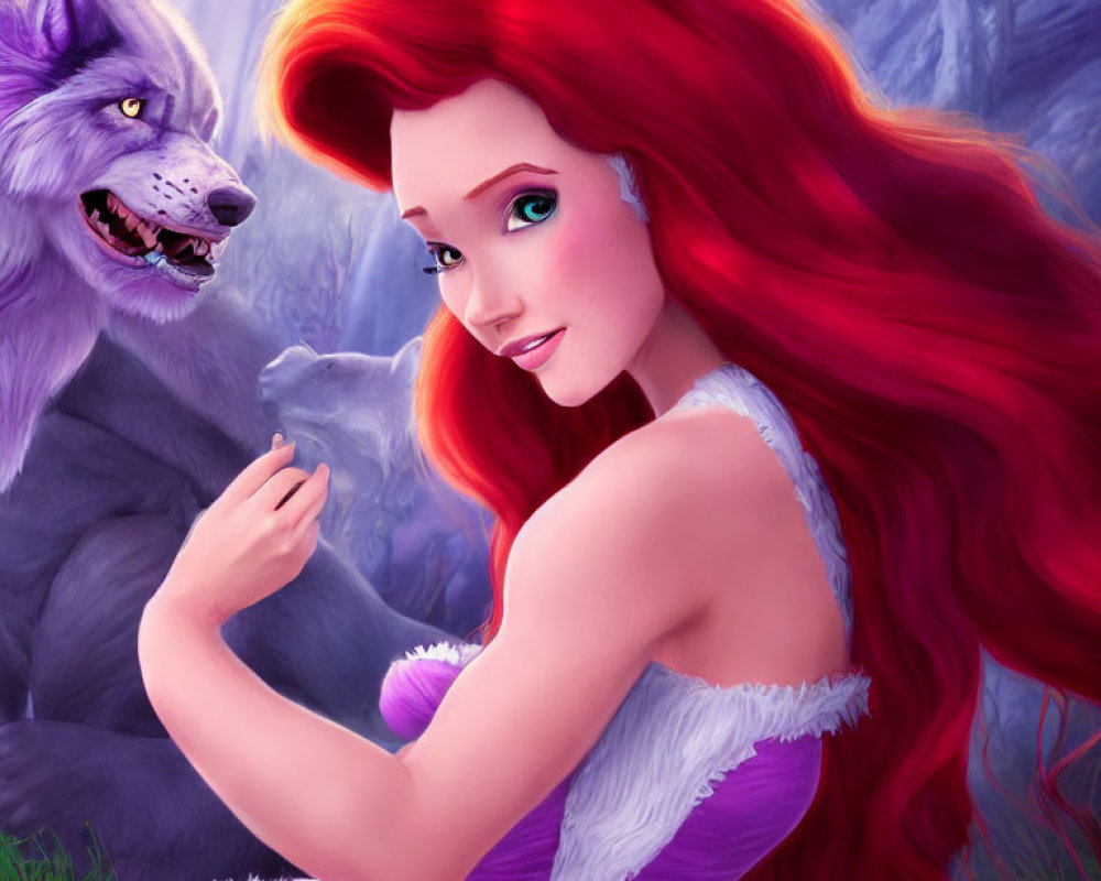 Red-Haired Princess in Purple Dress with Friendly Expression and Gray Wolf in Mystical Forest