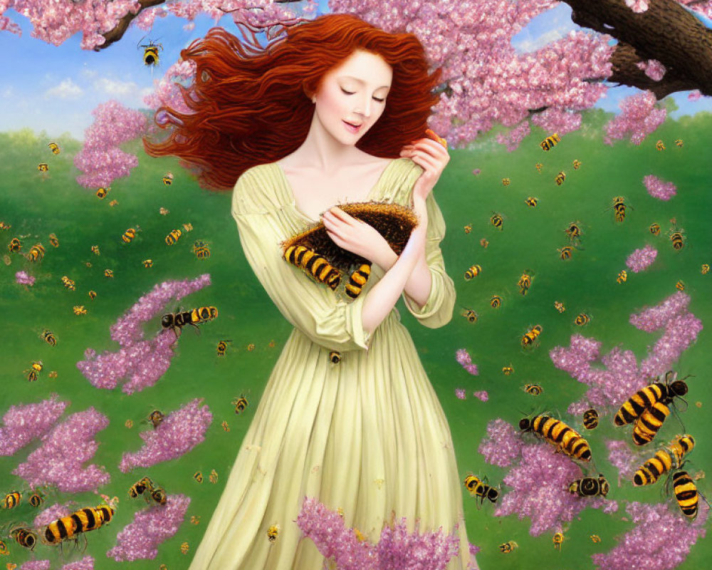 Red-haired woman in green dress with honeycomb among bees and cherry trees