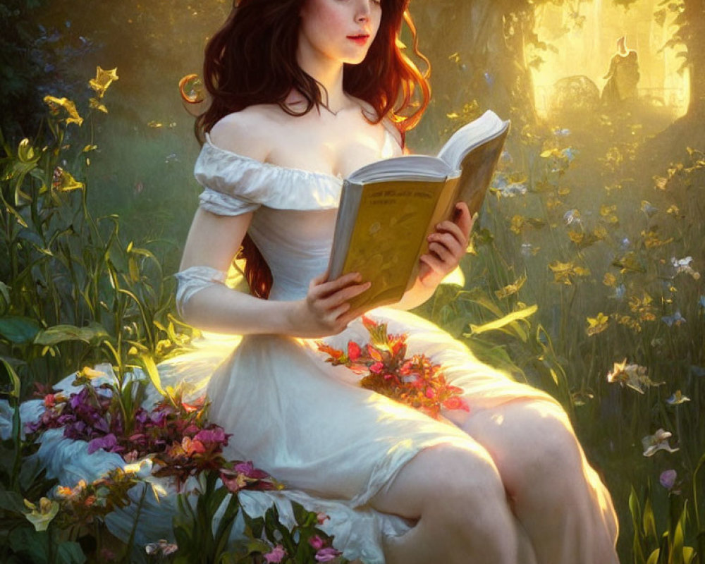 Woman in white dress reading book surrounded by colorful flowers and glowing forest, distant figure on horseback.