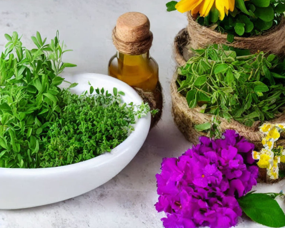 Assorted fresh herbs and flowers with sunflower and magenta blooms and oil bottle on light surface