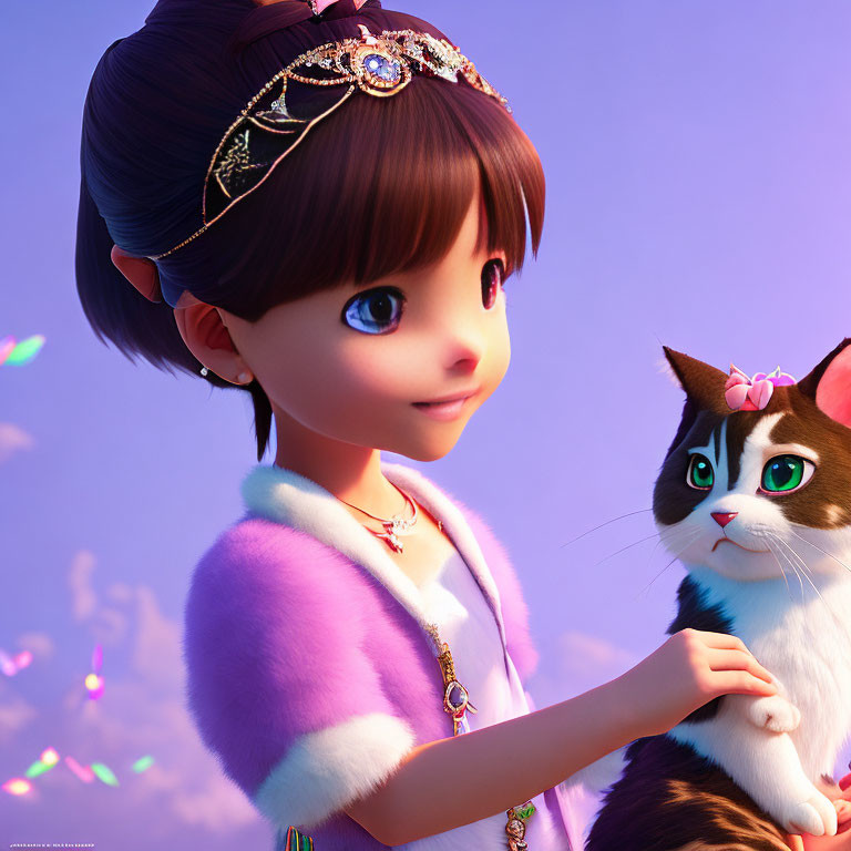 Young girl in purple attire with tiara petting cat under purple sky