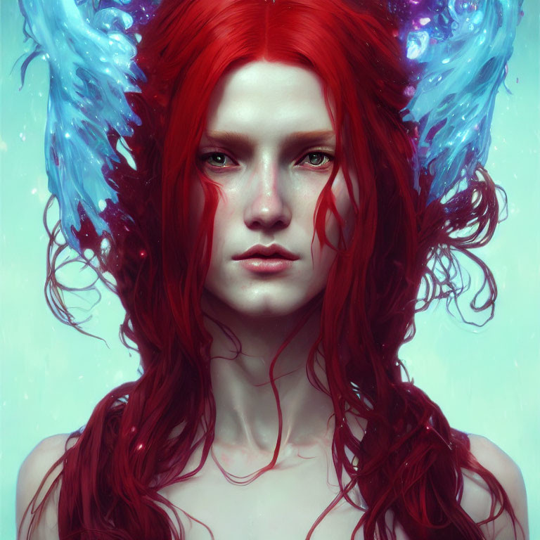 Fantasy illustration of person with red hair and butterfly-like blue wings