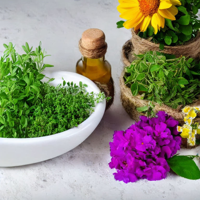 Assorted fresh herbs and flowers with sunflower and magenta blooms and oil bottle on light surface