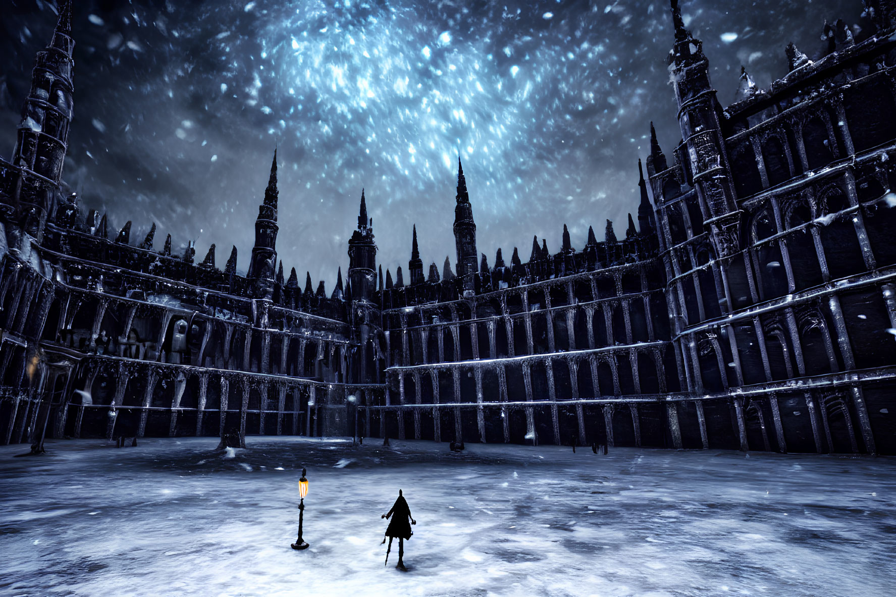 Solitary figure in snowy courtyard facing gothic castle under starry night sky