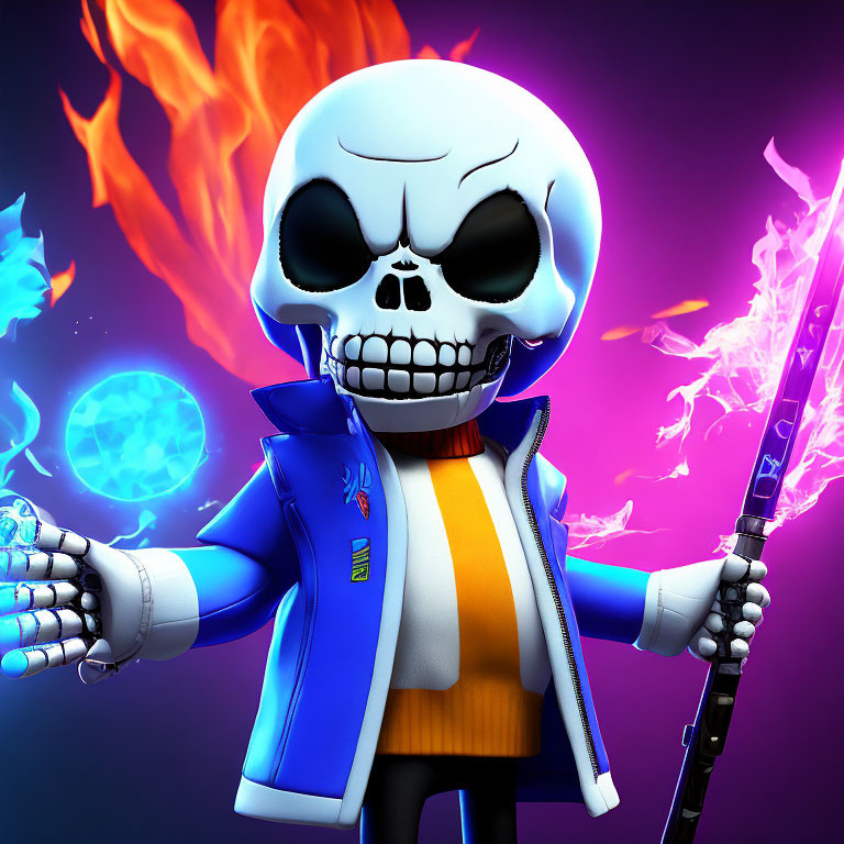 Skeleton character with blue flame and lightning spear on purple background