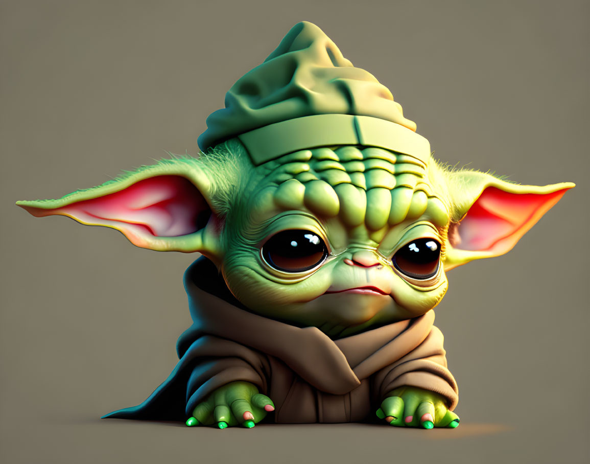 Stylized 3D rendering of Baby Yoda in brown robe and green hat