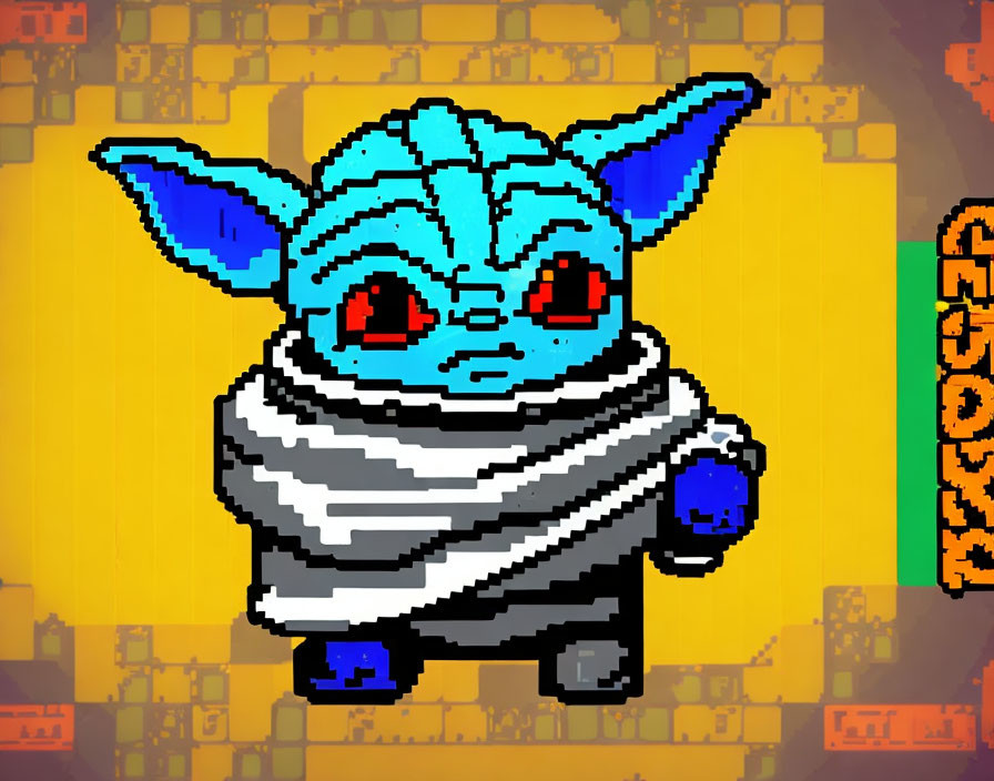 Blue Yoda-like character in striped robe on yellow background