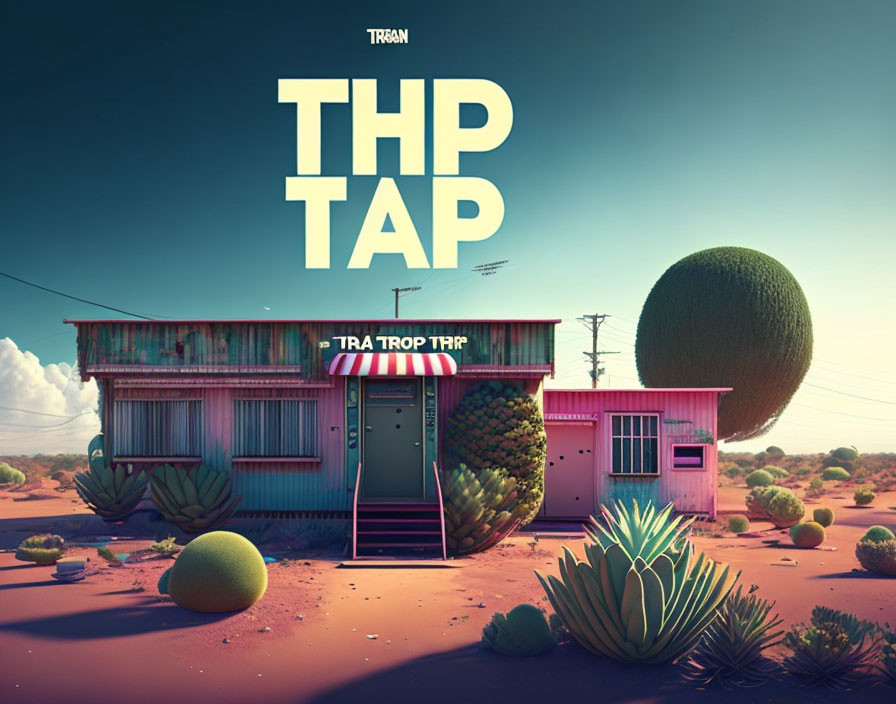 Desert landscape with abandoned structure, giant green fruits, and "THP TAP" inscription