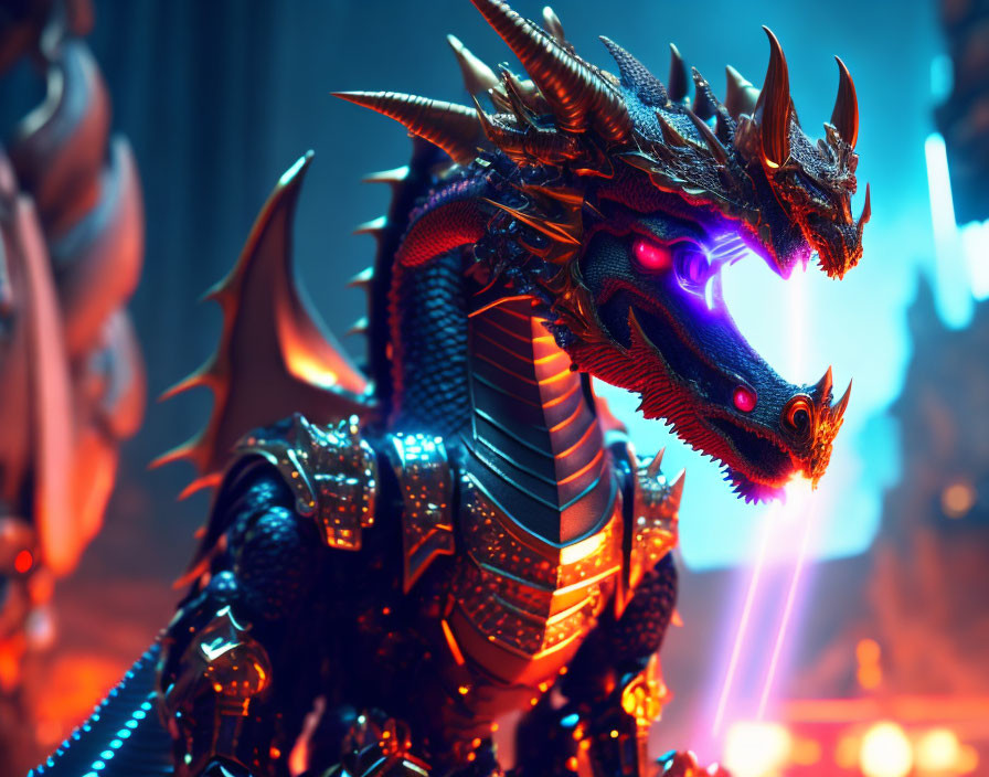 Detailed mechanized dragon with glowing purple eyes in futuristic scene