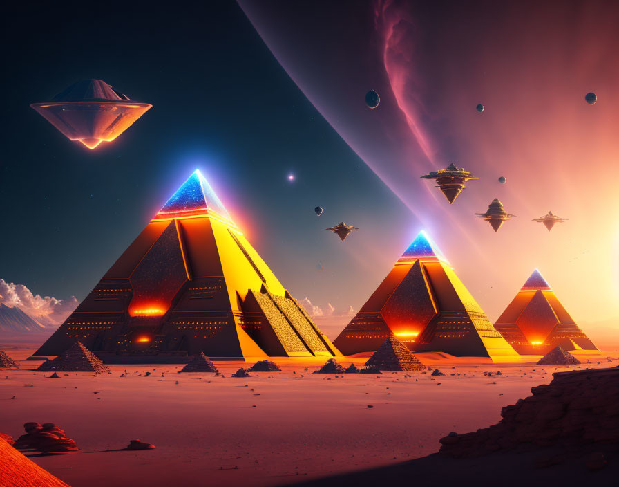 Alien sky over futuristic pyramids in desert landscape