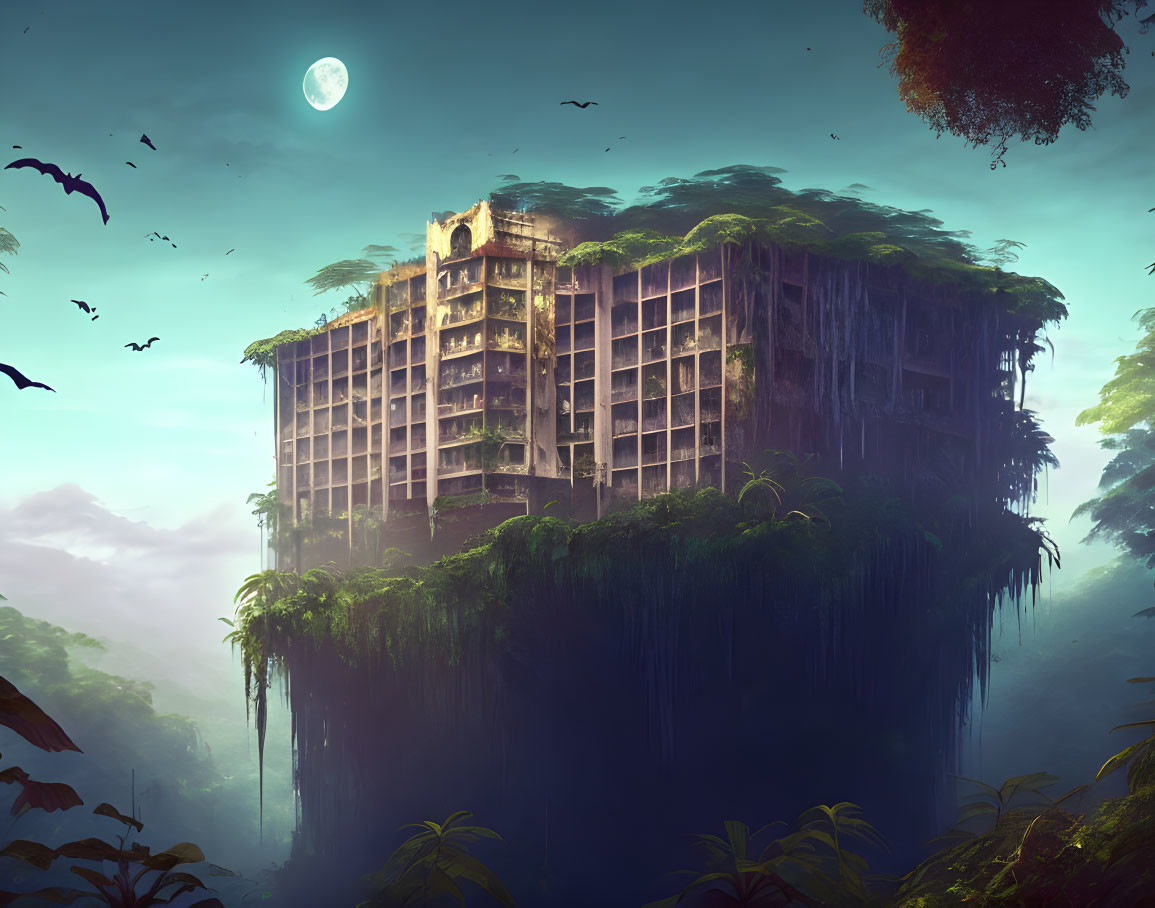 Abandoned building on floating island under moonlit sky