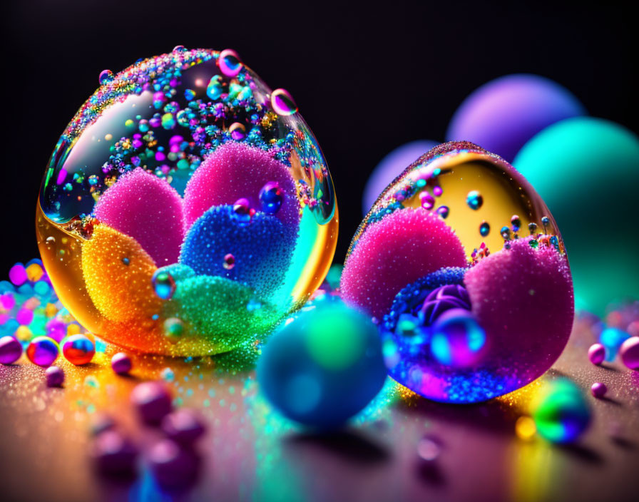 Colorful Water Droplets Reflecting Light on Dark Background