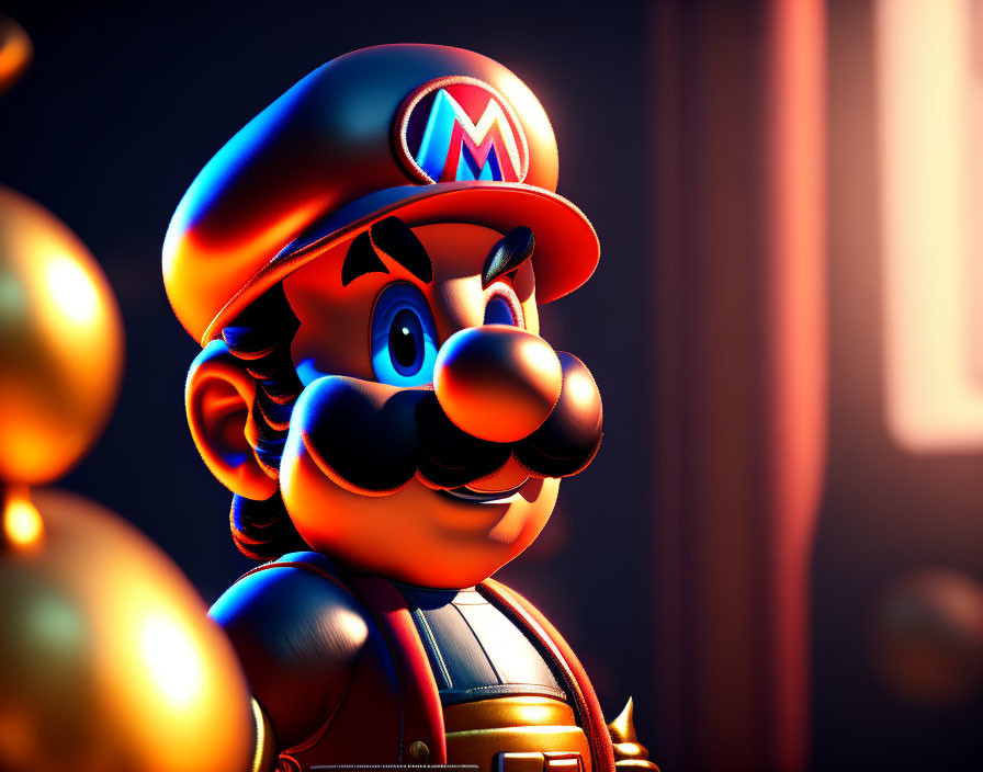 Iconic Mario character in 3D rendering against warm backdrop with golden orbs