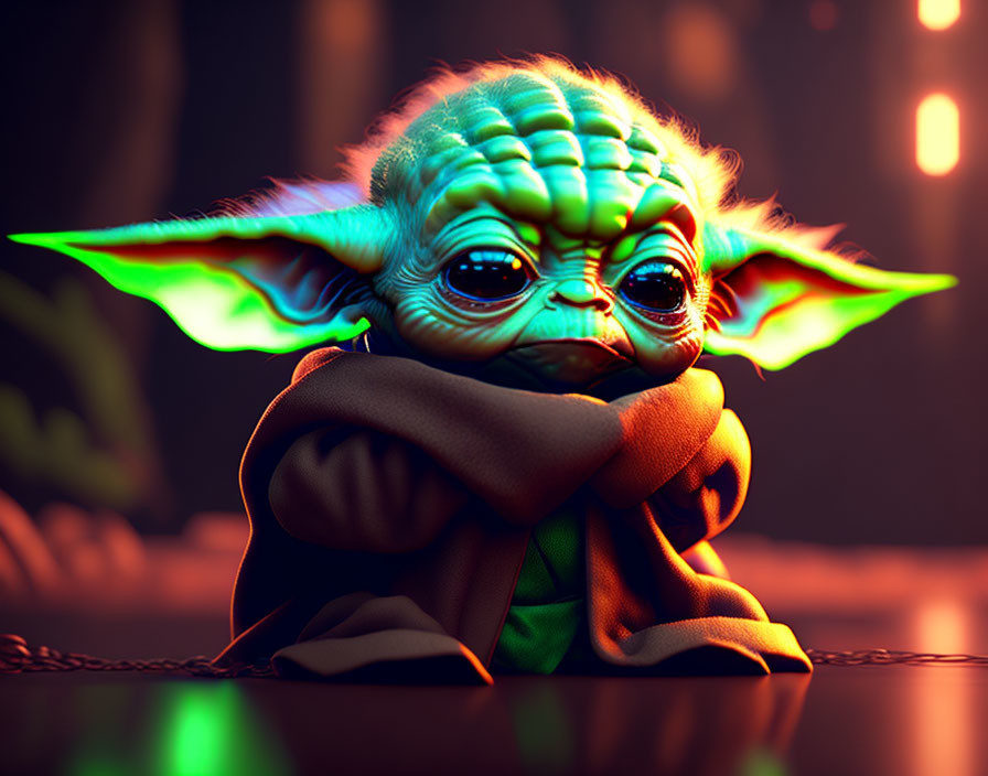 Baby Yoda in Brown Robe with Large Eyes and Ears Against Neon-Lit Backdrop