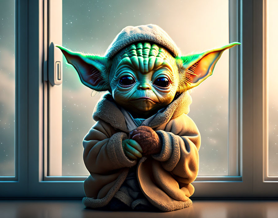 Digital illustration of Baby Yoda with cookie, expressive eyes, robe, sunlight.