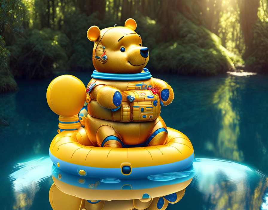 Yellow Bear in Orange Astronaut Suit Floating on Blue Inflatable Ring in Forest Scene